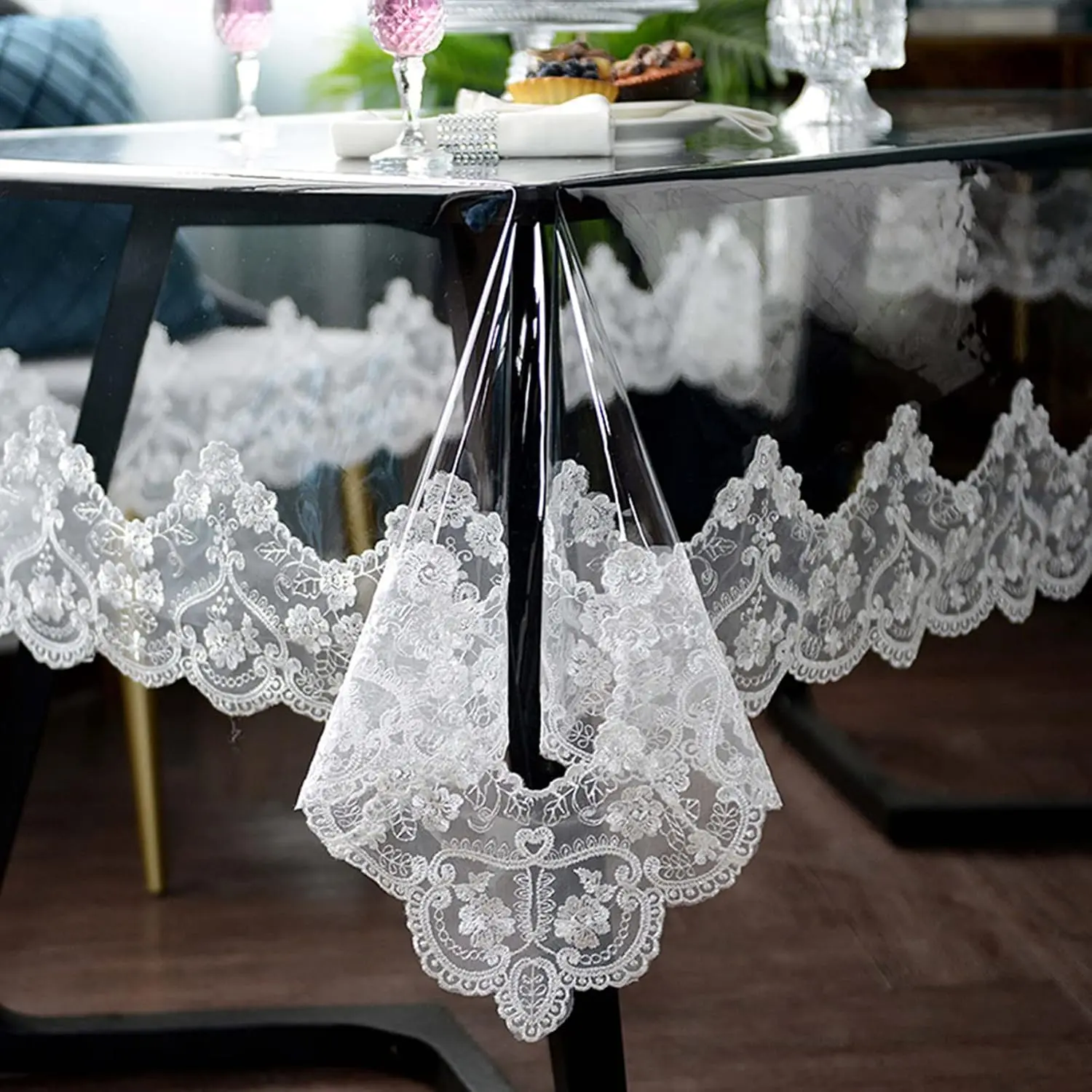 Clear Waterproof Tablecloth, Vinyl PVC Rectangle Table Cloth with Lace, Oil Spill, Table Cover for Dining Tables, Parties and Holidays (White, 52 x 70 Inch)