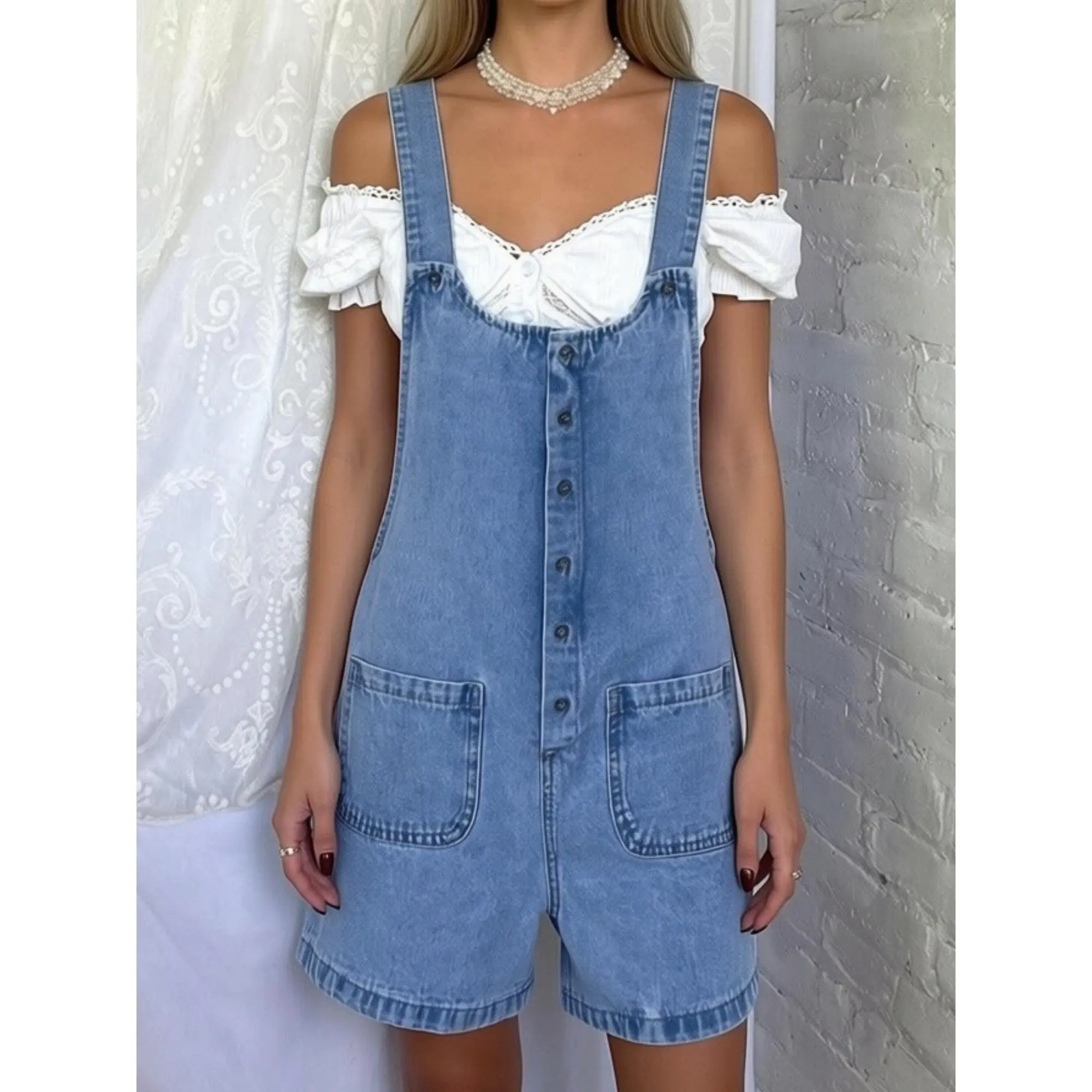y2k Women Denim Bib Overalls Solid Color Baggy Jean Jumpsuit Romper Shorts Pants with Pockets Streetwear