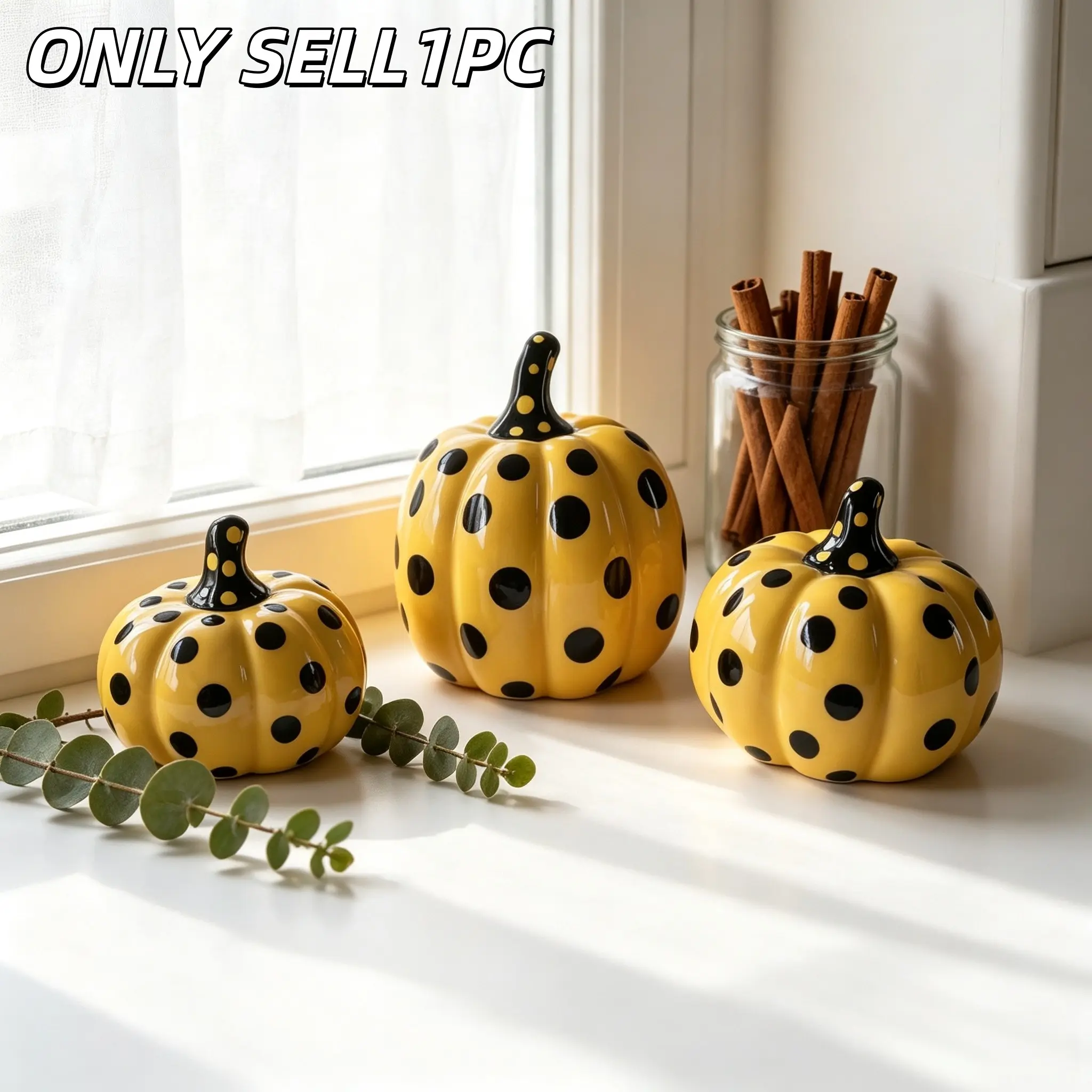 1PC Yellow & Black Polka Dot Ceramic Pumpkin Figurine, Retro Spotted Pumpkin Tabletop Ornament, Decorative Piece, Indoor Home Decor for Autumn & Halloween
