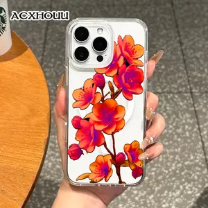 Magnetic Coquette Case for iPhone 17 16 E Pro Max 15 Plus 14 13 12 11 XS XR, Pastel Neon Orange Blossom Design | Shockproof, Girly, Stylish, Silicone, and Trendy Protection