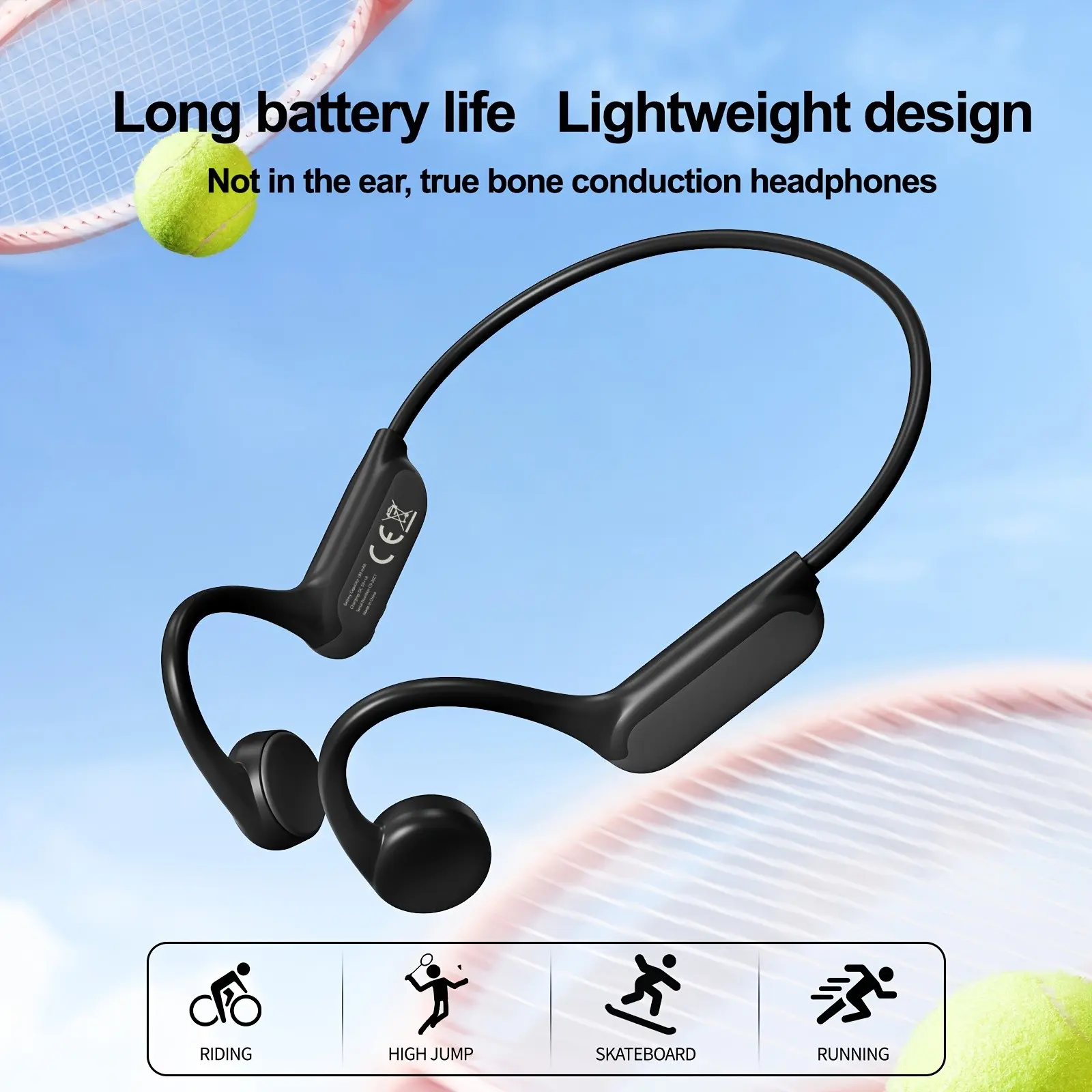 Bone Conduction Tech Earphones, Open-Back True Wireless Sports Headphones, Lightweight Comfortable Non-In-Ear, Type-C Fast Charge, Ideal for Cycling, Running, Gym