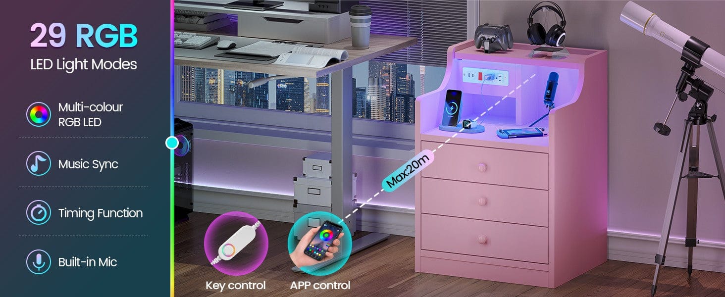 LED Nightstand with 3 Storage Drawers Pink