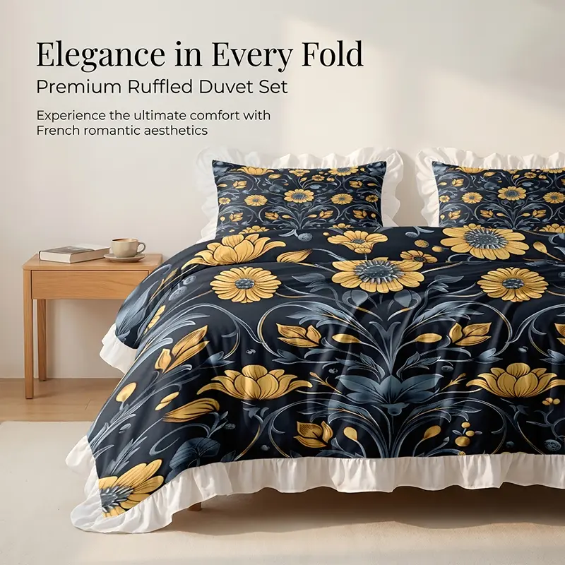 Stylish Ruffled Floral Duvet Cover with Pillow Shams, Soft Breathable Retro Floral Bedding Set with Frill Edge Design, Decorative Bed Linen, No Comforter for Daily Rest, Guest Room Arrangement and Modern Farmhouse Home Styling