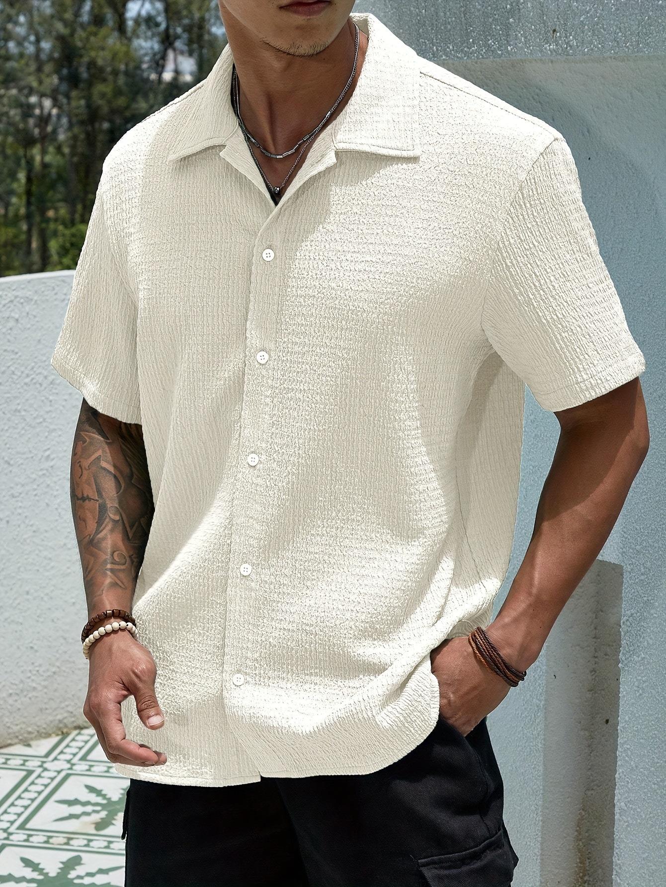 Men's Textured Button Front Shirt, Casual Regular Fit Short Sleeve Collared Top for Summer, Summer Leisure Top 2026, National Day Clothing, Men's Clothes for Daily Wear
