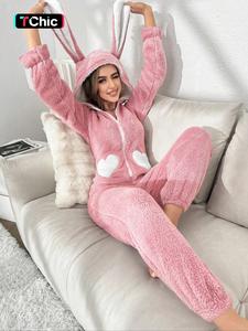 women's heart pattern 3d rabbit ear design loung hooded onesie, cute zipper long sleeve sleepwear, casual comfy sleepwear for fall & winter