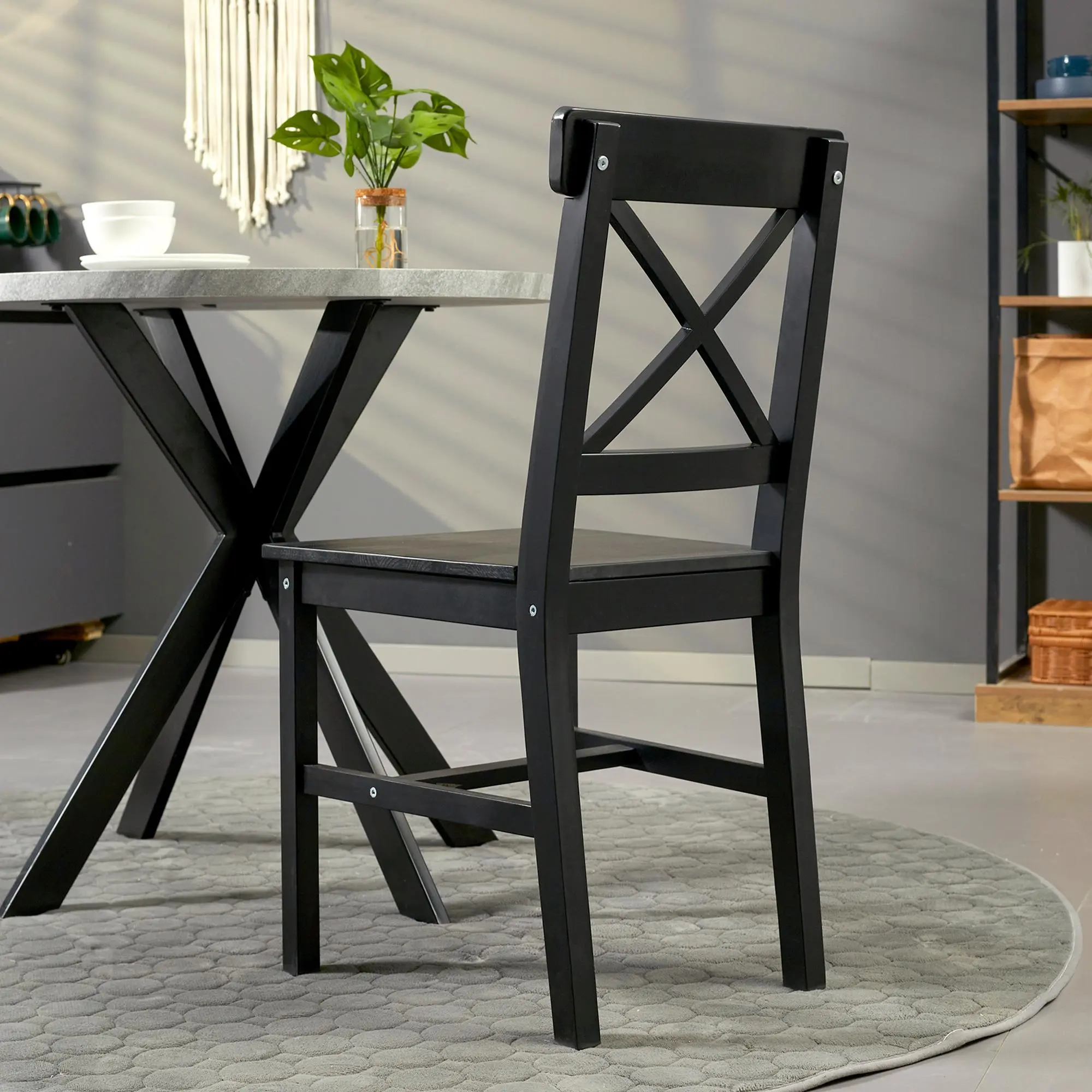 Farmhouse Wooden Dining Chairs Set of 2, Cross Back Kitchen Chairs with Solid Wood Frame, Rustic Accent Chairs for Dining Room, Kitchen, Living Room, Home, Comfortable Side Chairs for Table Seating, Vintage Farmhouse Style Furniture, Black