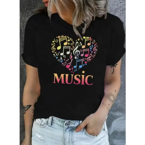 Women'S  Music Heart Graphic Fashion T Shirt Black with Pink Treble Clef Multicolor Notes PrintBreathable Round Neck Short Sleeve Casual Top100% Cotton Fabric for ConcertsFestivals Casual AttireMachine Washable