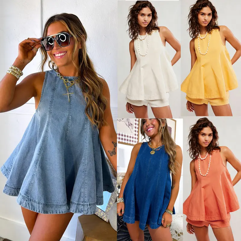 Women's Denim Two-Piece Outfit Fashionable Casual Loose Sleeveless Denim Shorts Set