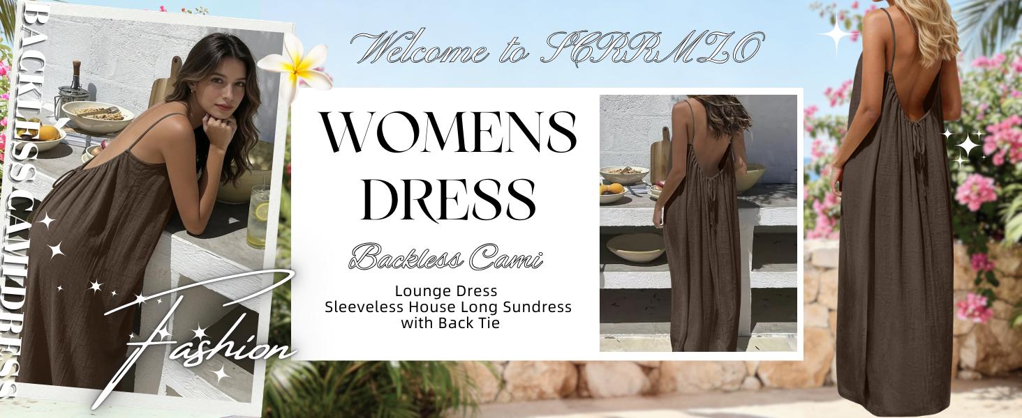 Backless Cami Dresses for Women Cami Lounge Dress Backless Sleeveless House Dress Long Sundress with Back Tie