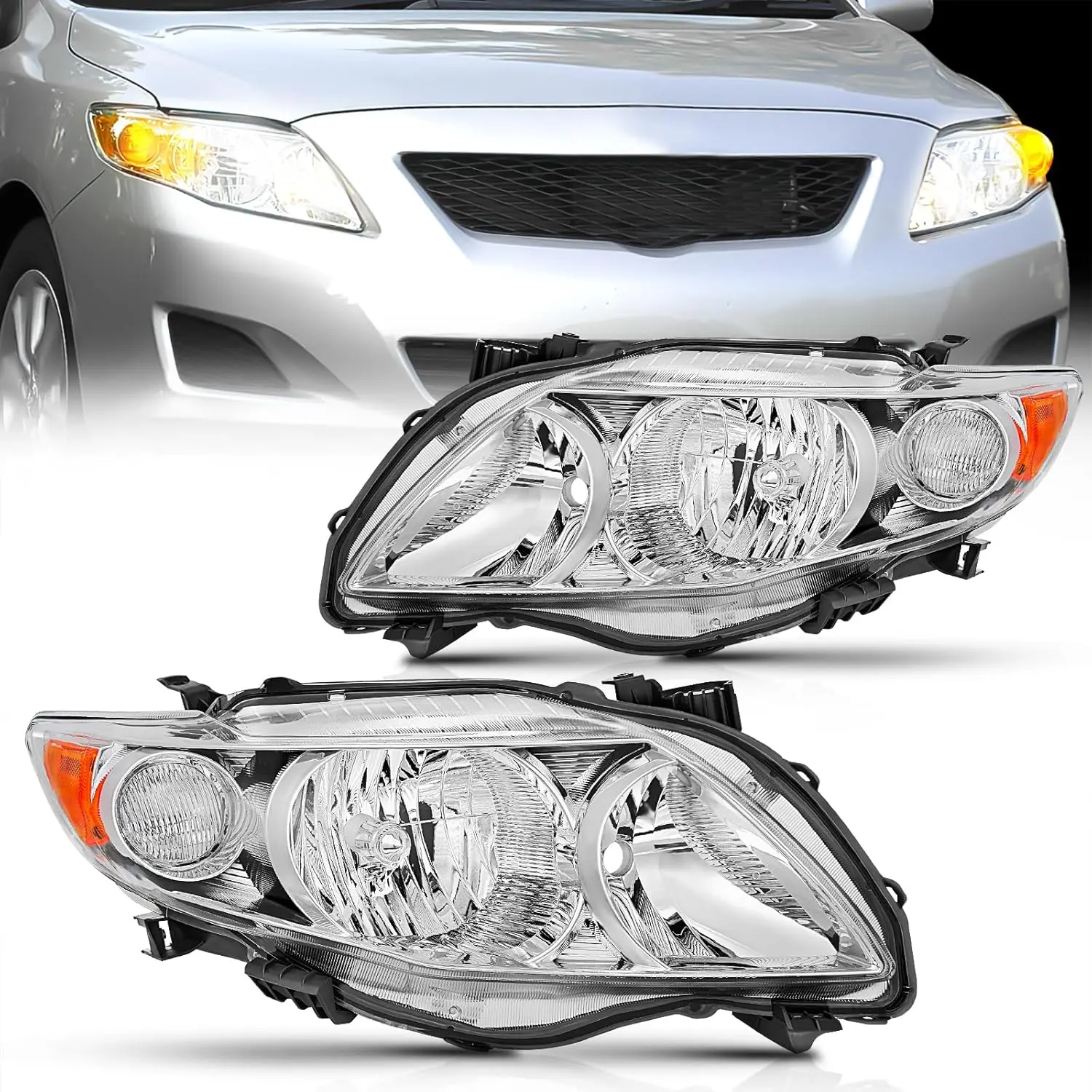 Nilight Car Headlight Assembly Compatible with 2009-2010 Toyota Corolla XLE/LE/Base (Not Fit S or XRS Trim) - Chrome Housing, Amber Reflector, Adjustable, Waterproof, Corrosion Resistant, Dust-Proof Driver & Passenger Side Replacement Headlamp, Temperatur