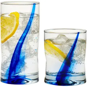 16 Piece Tumbler and Rocks Glass Set, Infused Blue Ribbon Drinkware Glasses Set, Artisan Inspired Four-Dimple Shaped Rock Glasses, Dishwasher Safe Tumbler Glasses Set