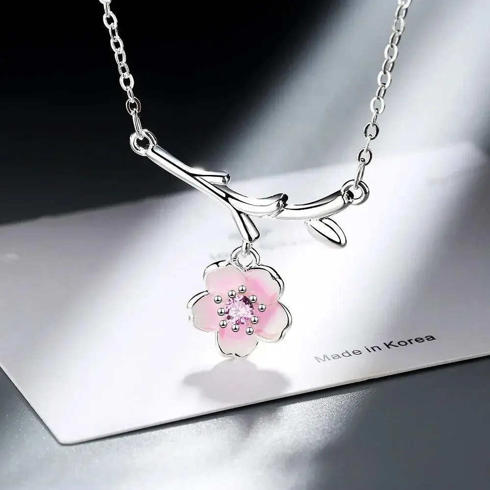 Women's S925 Sterling Silver Elegant Pink Cherry Blossom Pendant Necklace - 40Cm + 3.5Cm Long Chain, Unisex Daily Fashion Costume Jewelry Accessory, Daily Wear, Casual, Cherry And Bow Element Necklaces, Adults