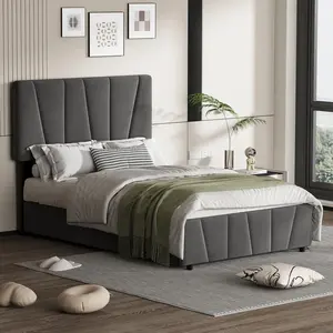Dark Grey Upholstered Bed Frame with 2 Drawers for Twin (27.6" x 19.7" x 5.5"), Silent Sturdy Structure, Adjustable Headboard, No Box Spring Needed, 3 Sizes for Bedrooms & Teen Room, Assembly Required