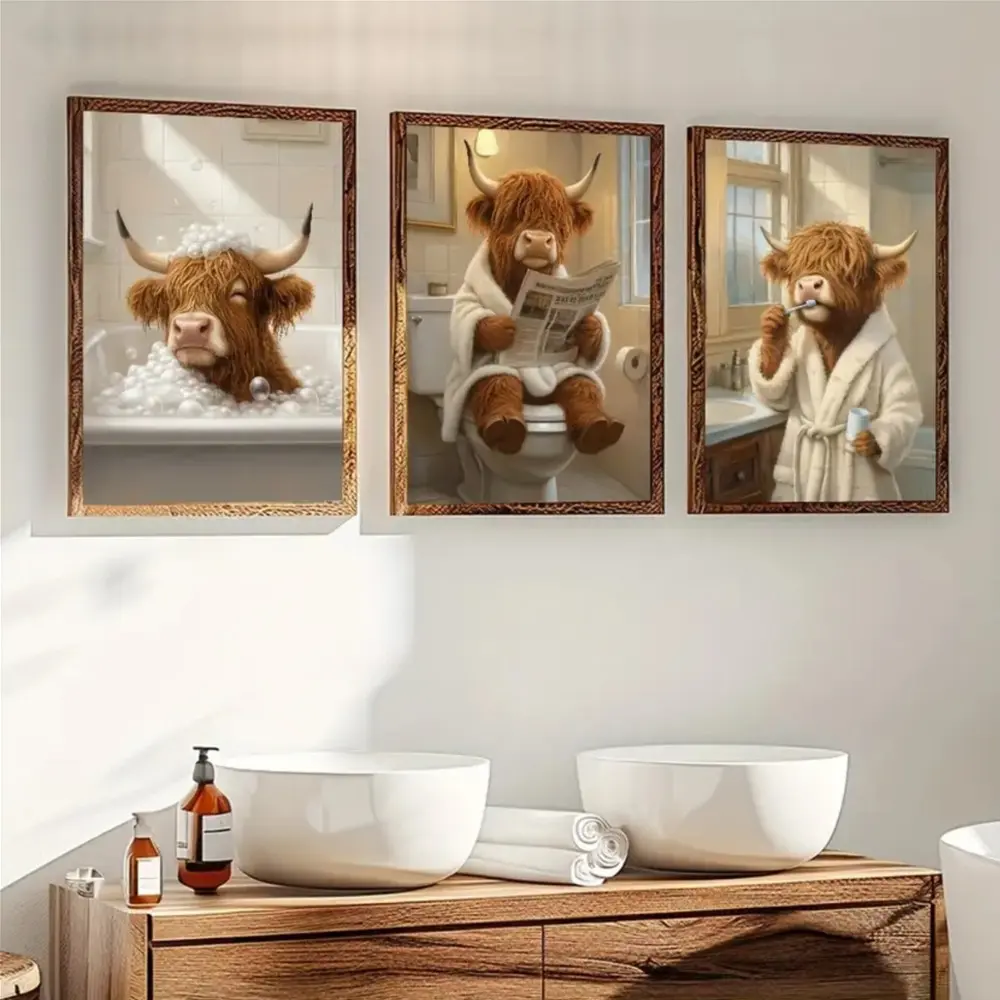 3 Pieces Funny Bathroom Baby Calf Reading Newspaper Art, Cute Vanity Artistic Wall Mural, Humorous Animal Home Art, Trendy Gallery Decor, Soft Tone Painting, Wall Decor for Bathroom and Restroom, Framed or Unframed.