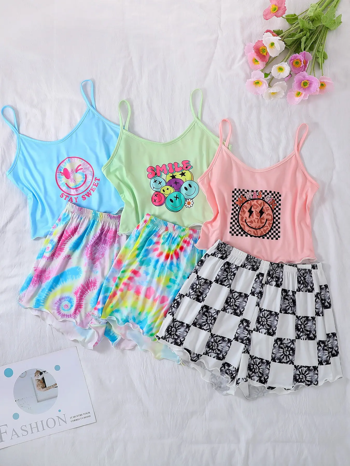 6-Piece Dopamine Smiley Pajama Set, Tie-Dye Checkered Summer Loose Casual Short Pajamas Pjs, Women's Cute Elegant Comfortable Lightweight Breathable Sleepwear Loungewear