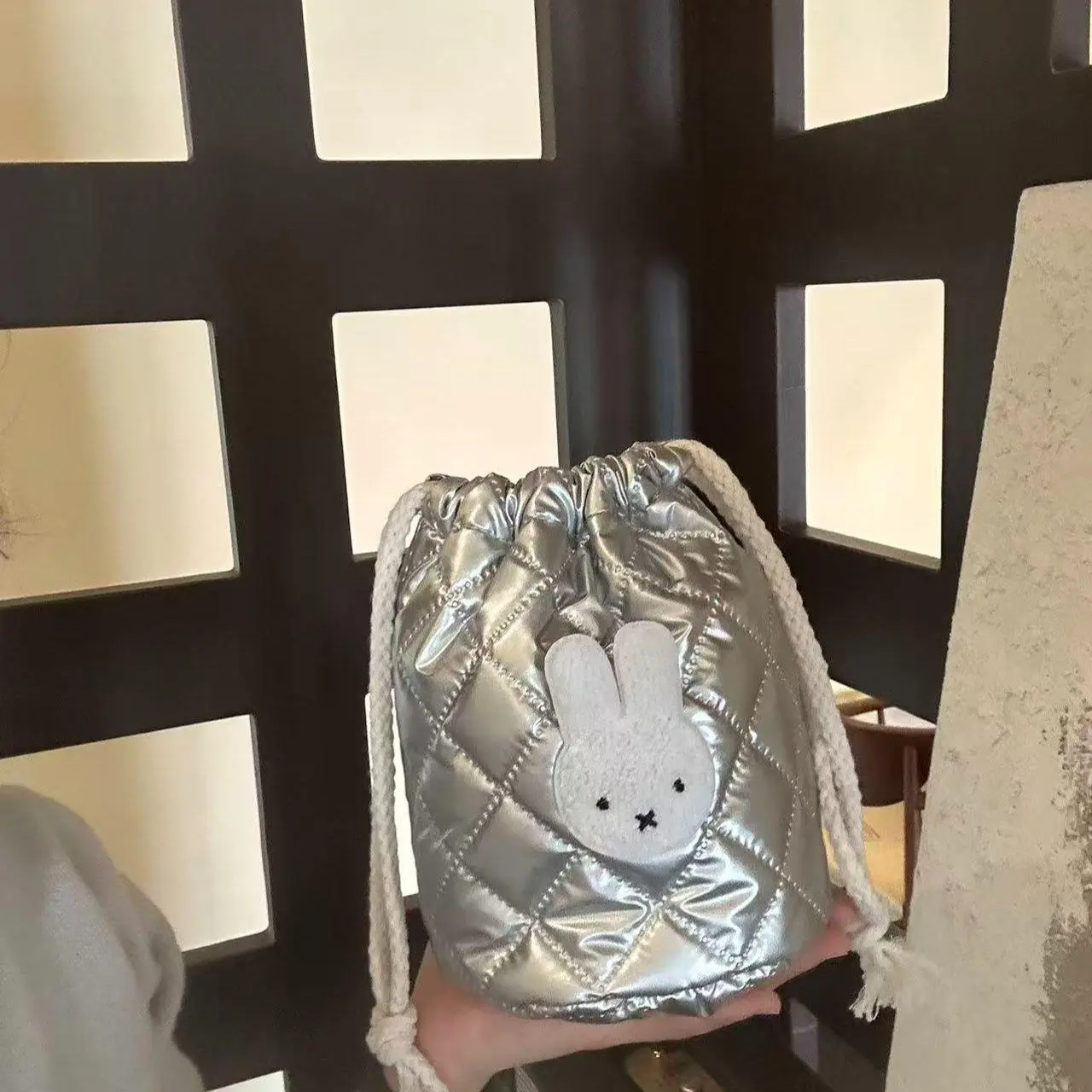 Kawaii Miffy Makeup Bag Cotton Silver Lustrous Drawstring Storage Bag Simple and Cute Miffy Rabbit Pouch