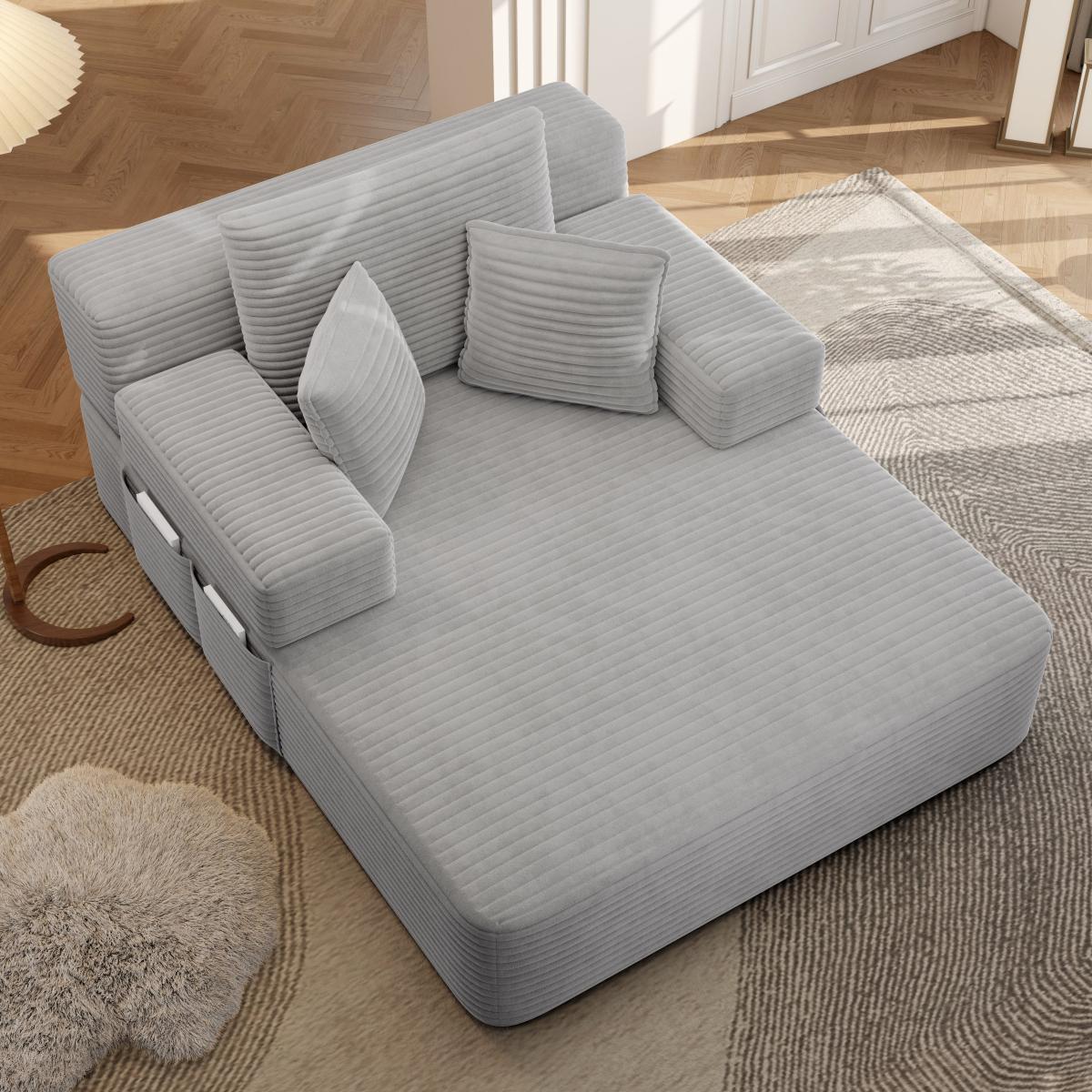 Luxurious Plush Corduroy Chaise Lounge with 3 Pillows, Convertible Sofa Bed with Storage Pocket, Frameless Design & Compression Foam for Small Spaces, Living Room, Apartment,Light Grey