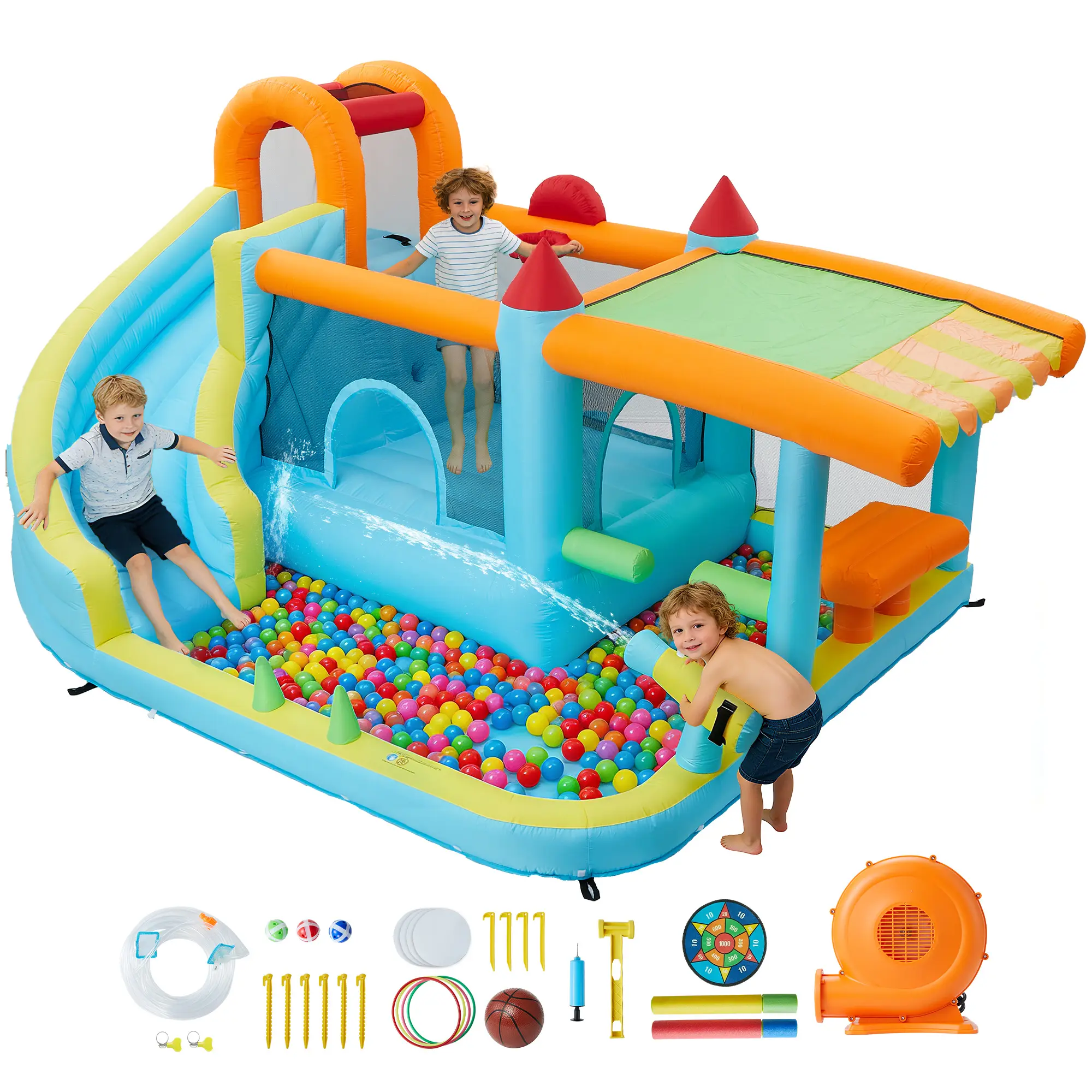 12-in-1 Inflatable Bounce House Playset for Kids with Slide & 350W Blower – Indoor & Outdoor Jump Castle – Backyard & Commercial Use – Blue