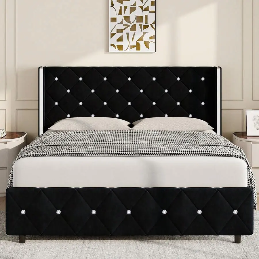 Twin/ Full/ Queen/ King Size Bed Frame With Wingback Headboard, Upholstered Bed Frame With Diamond Headboard And Footboard, Faux Leather Modern Bed Frame, Easy Assembly, Purple/ Blue/ Pink/ White/ Black/ Green