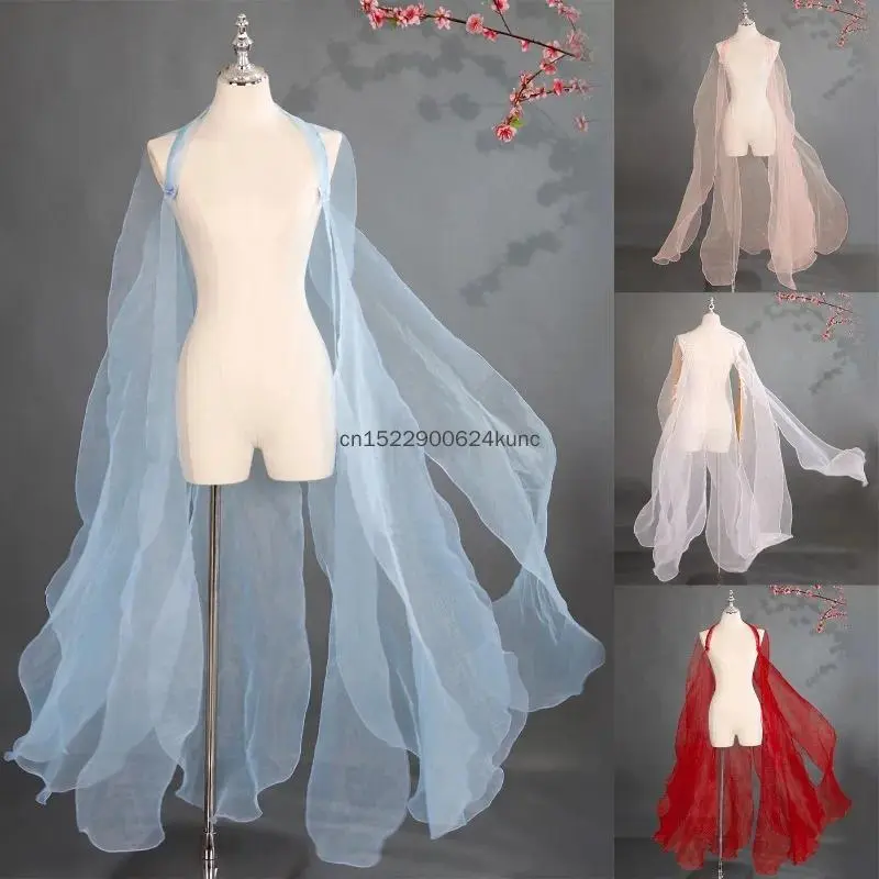 New Women Fairy Hanfu Clothing Chinese Ancient Cape Solid Water Sleeves Tulle Yarn Fairy Lace Long Shawl Classical Dance Costume