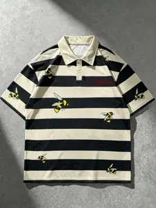 Vintage Fashion Striped Colorblock Design Bee Pattern Polo Shirt, Streetwear Unisex Short Sleeve Top, Casual All-Season Wear
