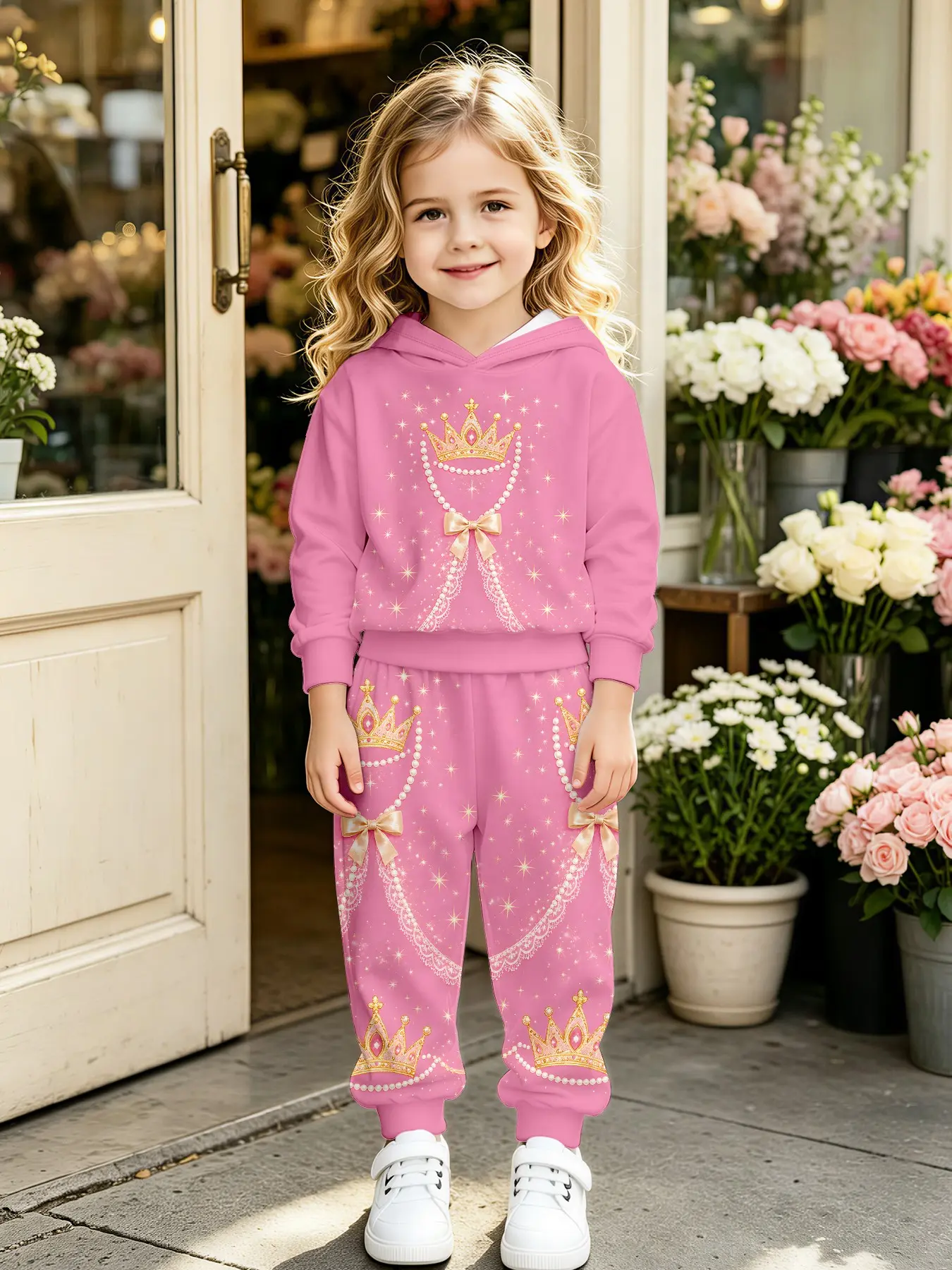 Girls' Princess Crown Hoodie Set, Pearl Bow Lace Rhinestone Print, Soft Comfortable Fabric, Perfect for Parties and Gifts