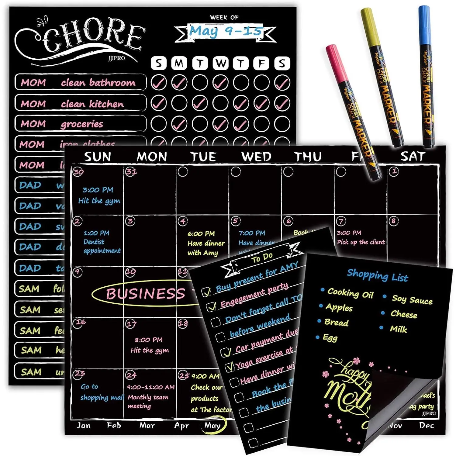 Magnetic Monthly Chalkboard Calendar for Refrigerator, Reward Chore Chart Blackboard Combo Set with Bright Neon Liquid Chalk Markers, Bonus Grocery List & Notepad Included