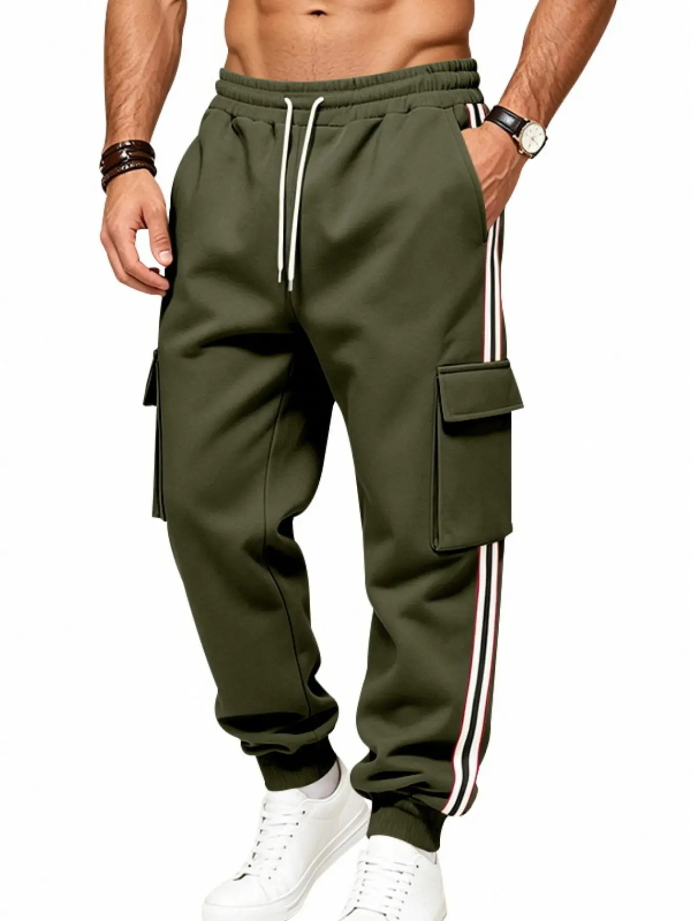 Men's Side Color Block Cargo Webbing Tie-Off Sweatpants, Drawstring Waist, Multiple Pockets, Casual Running Pants, Warm Outdoor Sports