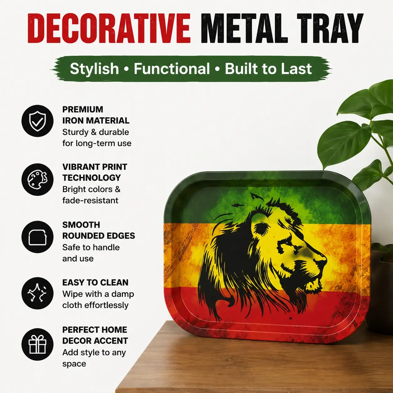 1Pc Decorative Tray for Home, Rolling Tray with Vibrant Colorful Lion Design, Iron Metal Serving Plate, Unique Decorative Accent, Display Stand, Desk Organizer, Art Display, Home Decor Accessory