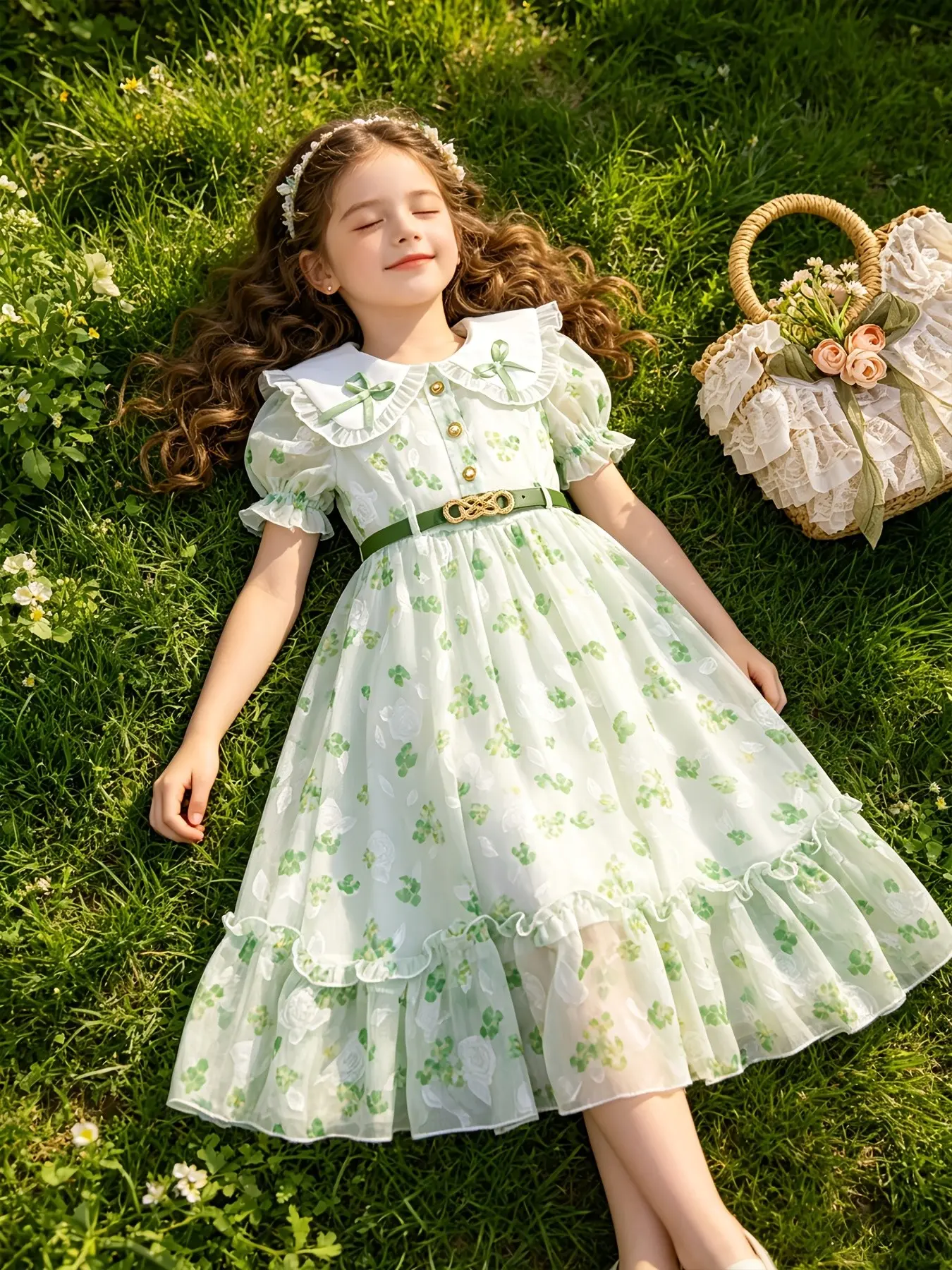 Girls' Dress, Casual Daily Wear, Vacation Style, Floral Print, Babydoll Neckline, Sweet and Cute Design, Perfect for Kids
