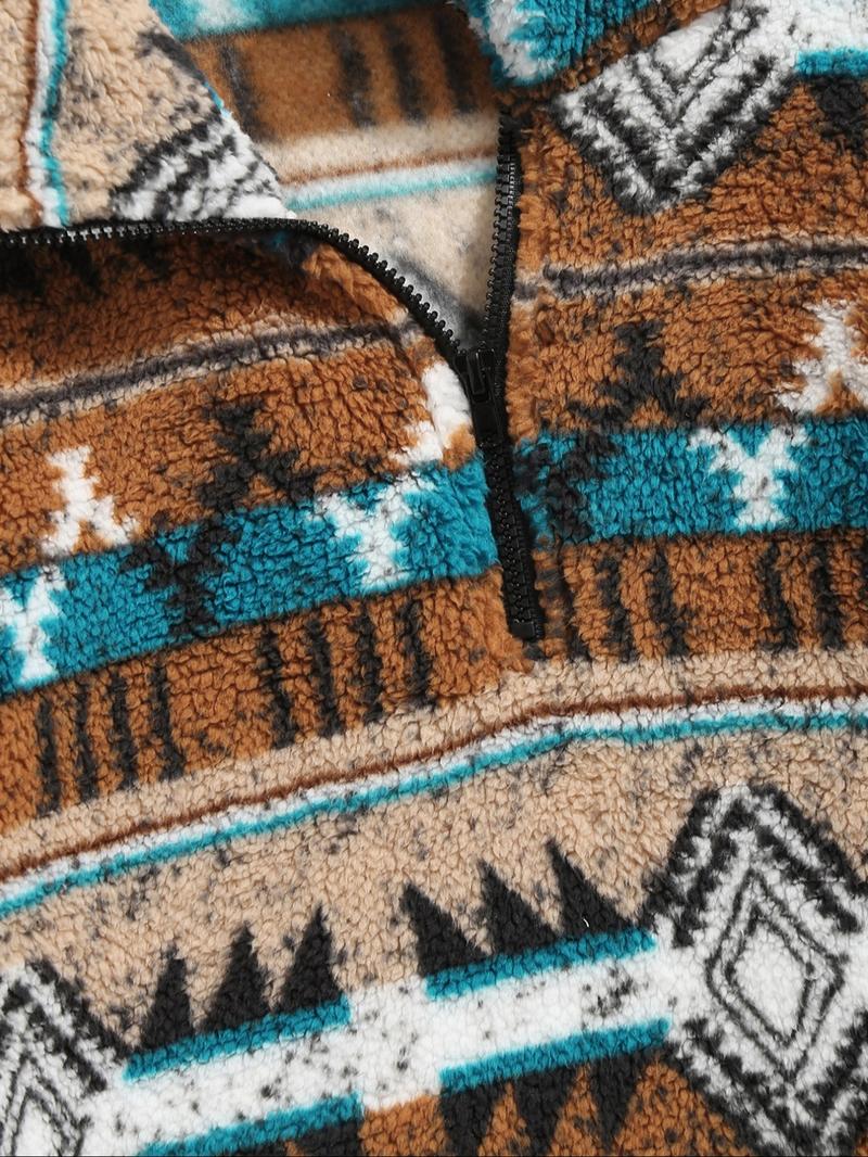 Men's Ethnic Pattern Zip Up Kangaroo Pocket Plush Sweatshirt, Casual Boho Style Drop Shoulder Long Sleeve Fuzzy Outerwear, Men's Fall & Winter Clothes