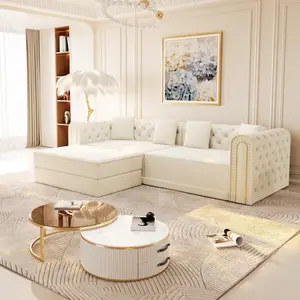 Aobtkel®90.6" 3-in-1 Convertible Sleeper Sofa,Elegant Modern Couch with Button Tufted and Gold Edge Trim,3-Seater Couch with Movable Ottoman for Living Room,Apartment,Office,Bedroom,Beige/White    RR