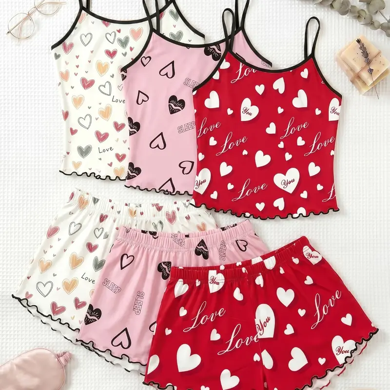 3-Piece Set Heart Letter Print, Sleeveless Spaghetti Strap Tank Top + Shorts Women's Pajamas, Pjs, Loungewear, Comfortable Home Wear, All-Season Sleepwear