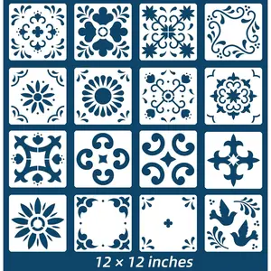 16 Pack Tile Stencil Set (12X12 Inch), Mexican Stencil Pattern, Use As Floor Stencils Or Wall Stencils, Reusable Stencils for Painting Floor Furniture Canvas, DIY Mexican Talavera Home Décor