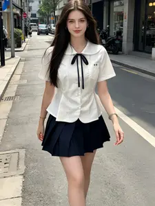Japanese School Style Short Sleeve Jk Uniform Set, Includes Shirt, Pleated Skirt, Bow, Sailor Neck, Perfect for Students and Campus Fashion