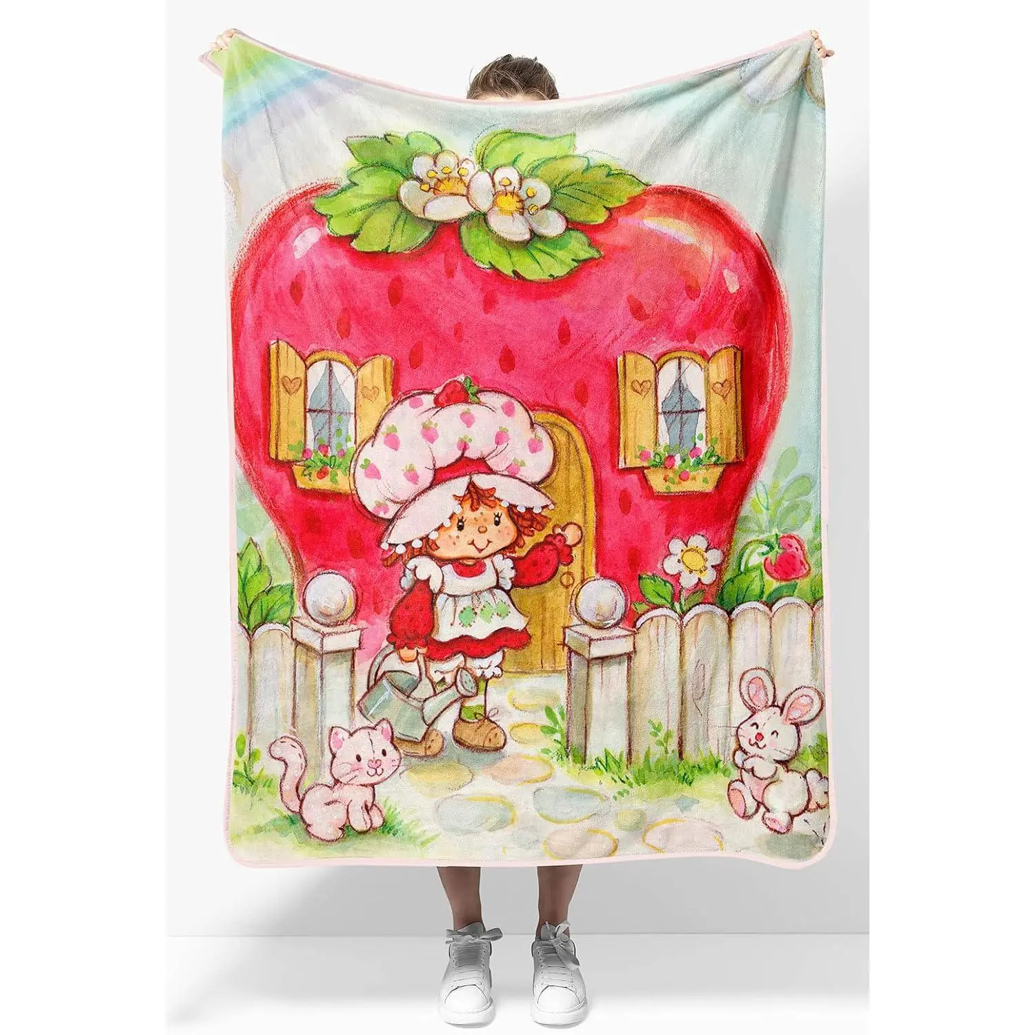 Vintage Strawberry Shortcake Flannel Fleece Throw Blanket - Hand-Drawn Strawberry House Design, Light Pink Trim, Soft Plush, Fade Resistant - Multi-Size Couch Blanket for Nursery Decor, Sweet Nostalgic Gift