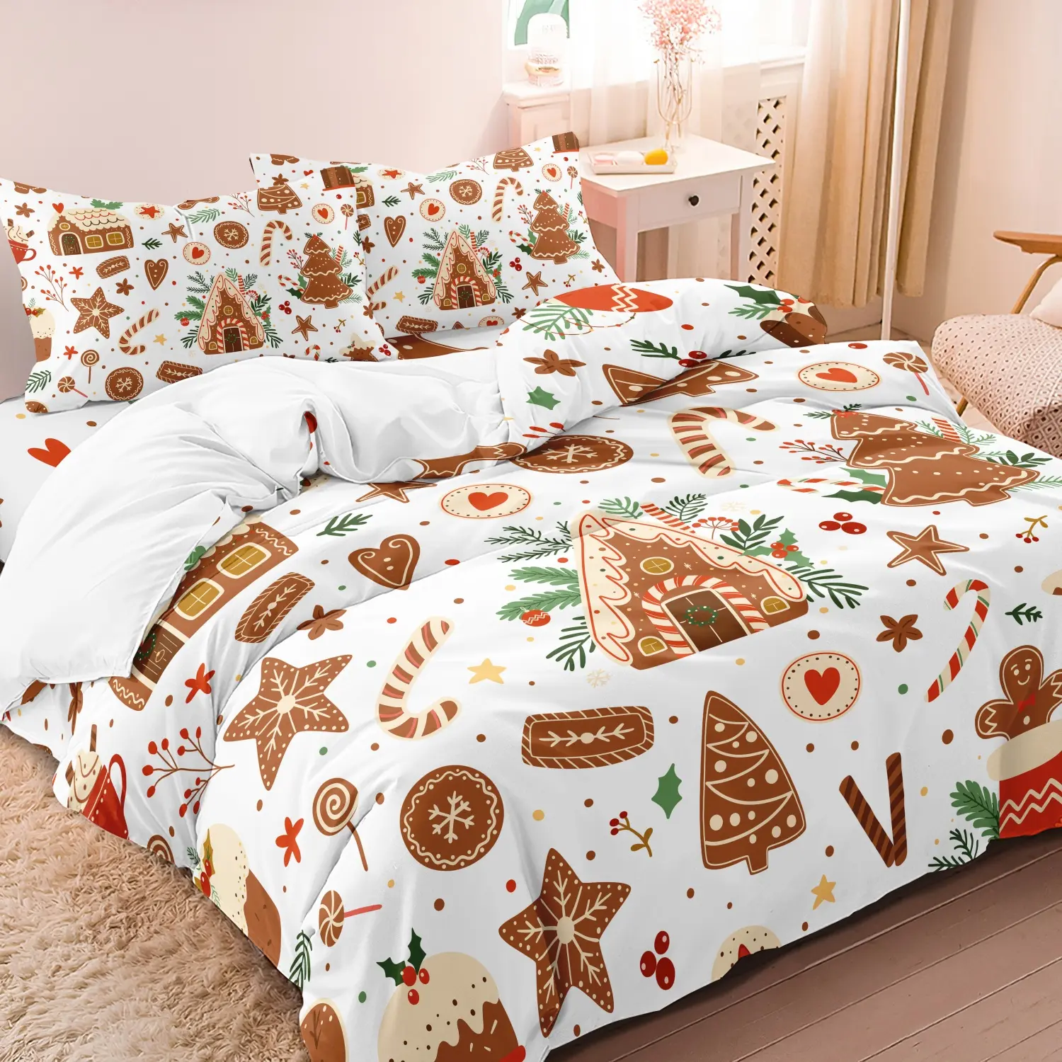 3 Pieces Cute Gingerbread Christmas Print Duvet Cover Set, Cookie House Candy Cane Xmas Tree Printed Bedding, For Bedroom Home Decoration, Multiple Sizes Available (1 Duvet Cover + 2 Pillowcases, No Comforter No Pillow)