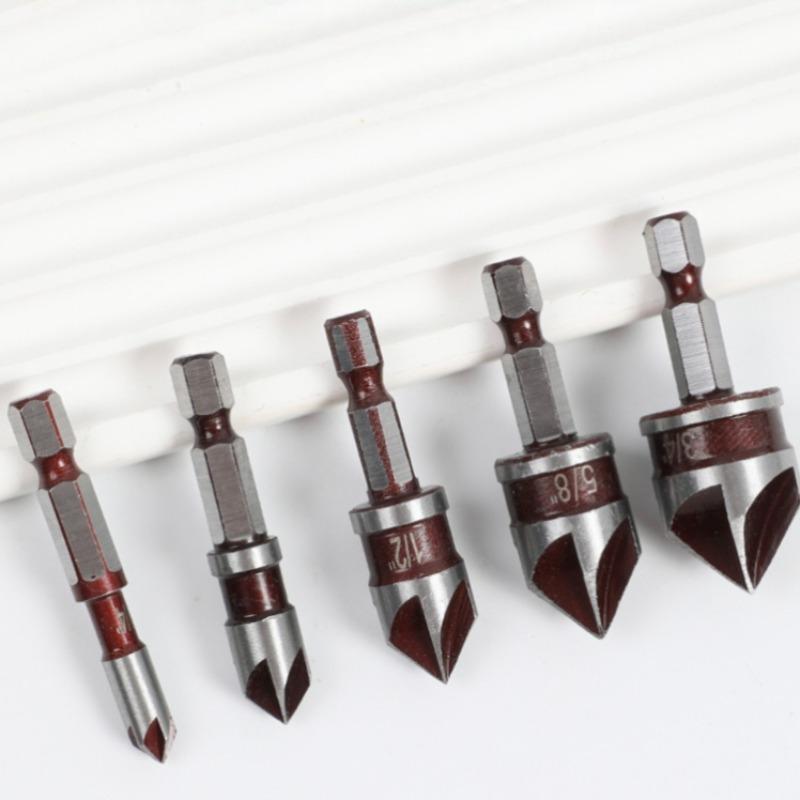 5-Piece Countersink Drill Set, Hex Shank Five-Flute Chamfering Tool, Hard Alloy, Titanium Coated, for Metal Wood Composite Material