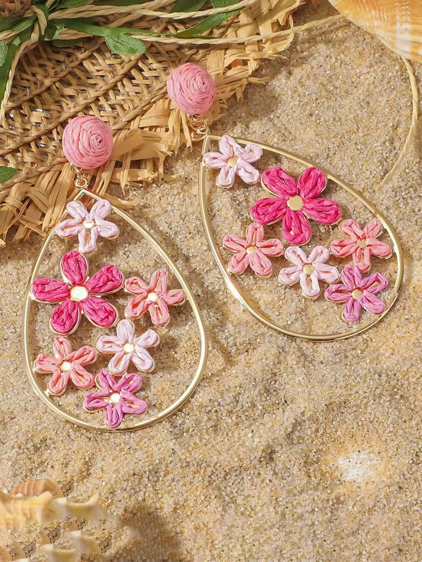 Bohemian Resort Style Handmade Woven Raffia Flower Earrings, Colorful Floral Dangle Earrings for Women, Daily and Vacation Wear