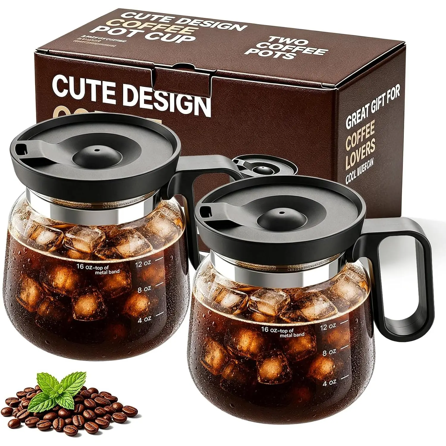2 Pack Coffee Pot Mug, 16oz Tiny Brew Coffee Pot Coffee Mug, Thick Borosilicate Glass Mini Coffee Pot Mug with Lid for Iced Coffee, Cute Coffee Cup Gift for Coffee Lovers