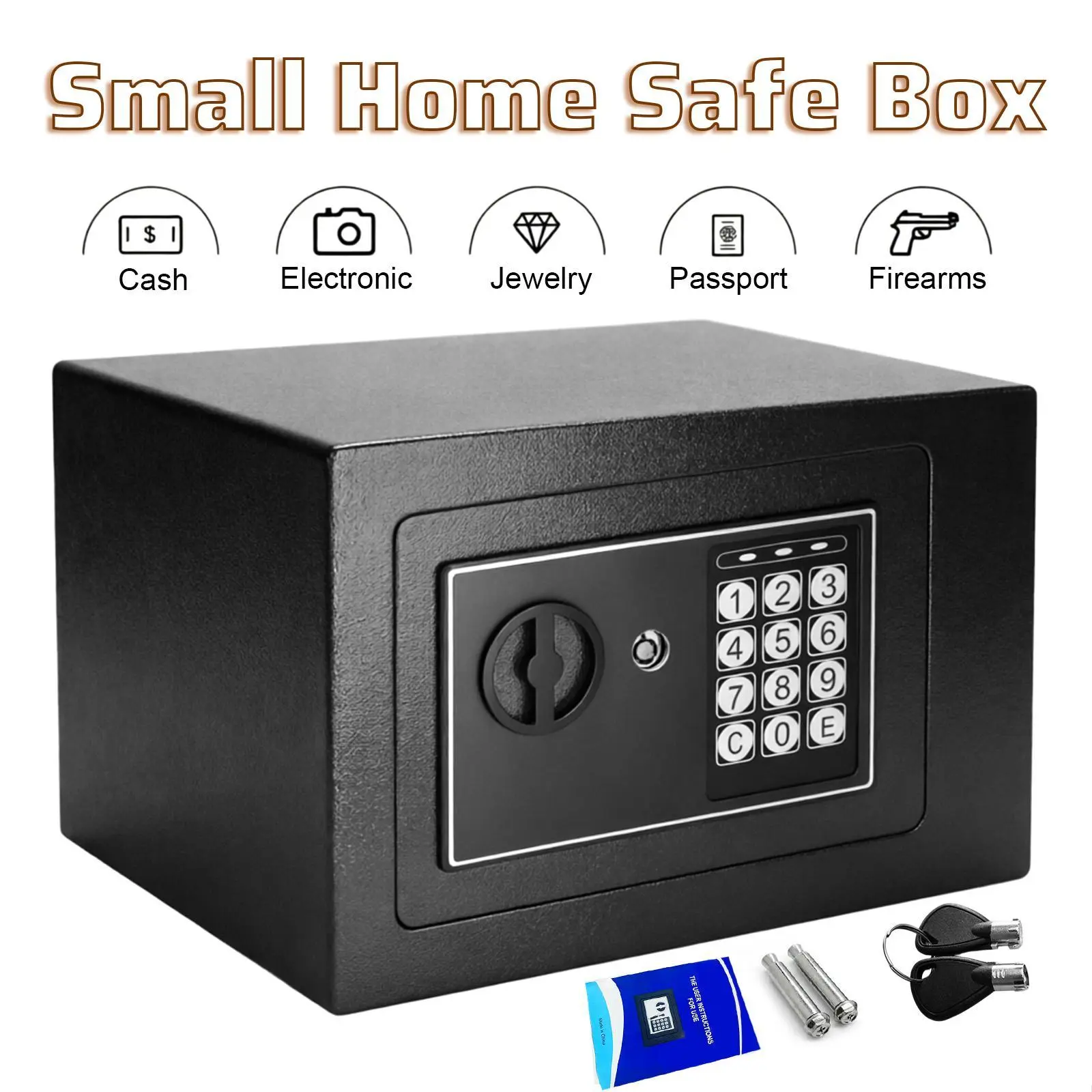 Small Size Electronic Digital Keypad Code Portable Safe Use Security Box - Cubic Feet, Password Lock, Backup Keys, Black - for Office, Home Jewelry Storage (Kitchenware & Bar Accessory), Enhanced Protection