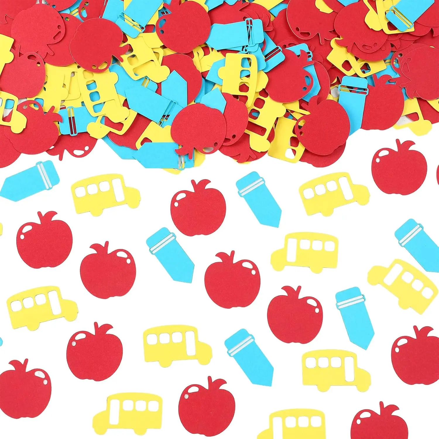 Back to School Confetti, 200Pcs Glitter Paper Confetti for Table, Bus Apples Pencil Yellow Red Blue Table Centerpiece for First Day of School Teacher Appreciation Gifts Table Decorations