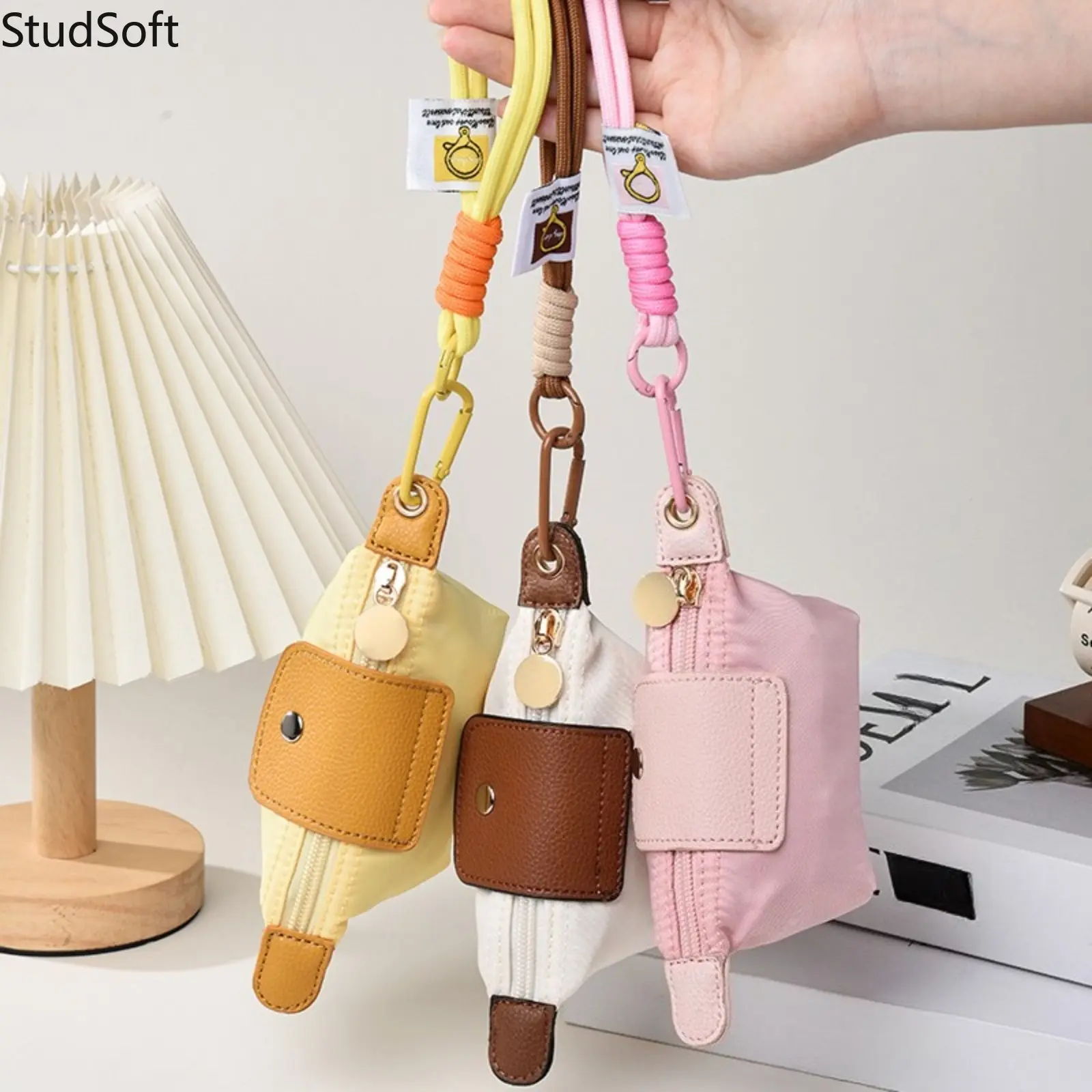 Mini Coin Purse Keychain Nylon Key Chain Pouch Cute Small Wallet with Thick Wrist Strap Flap Card Pocket Zipper Bag Decoration for Women Girls