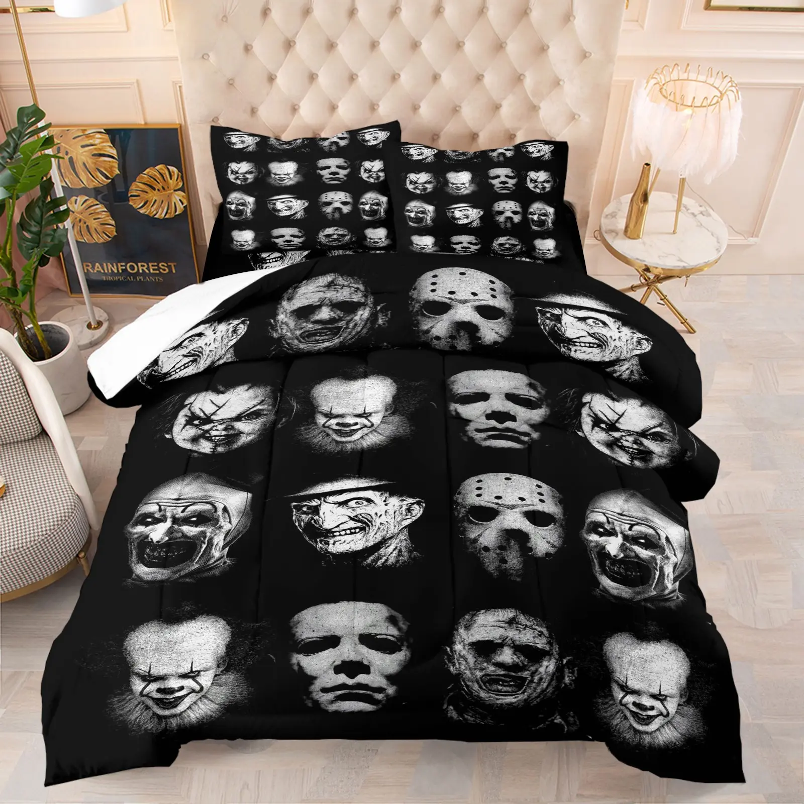 Black and White Sketch Style Horror Villain Ensemble Comforter Set & 1-2 Pillowcases, Thriller Villain Facial Close-Up, Comfortable Warm All Seasons, Halloween or Horror Movie Fan Bedroom Dorm Decor