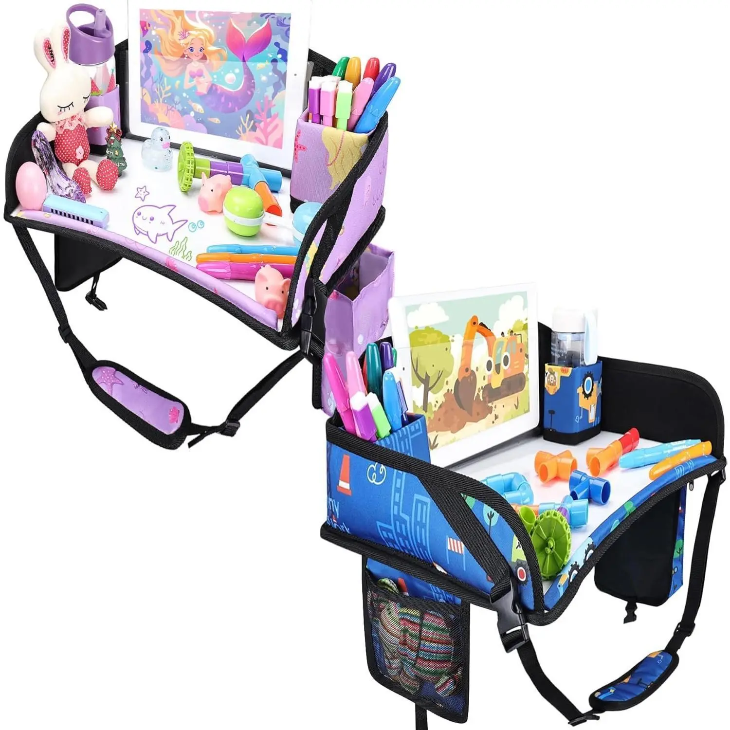 2-Pack Kids Travel Tray & Fabric Lap Desk, Unisex with Car & Mermaid Graphics for Toddlers, Sturdy for Car Seat, Booster & Airplane Road Trips, Includes Dry Erase Board & Tablet Holder, Nature, Animals