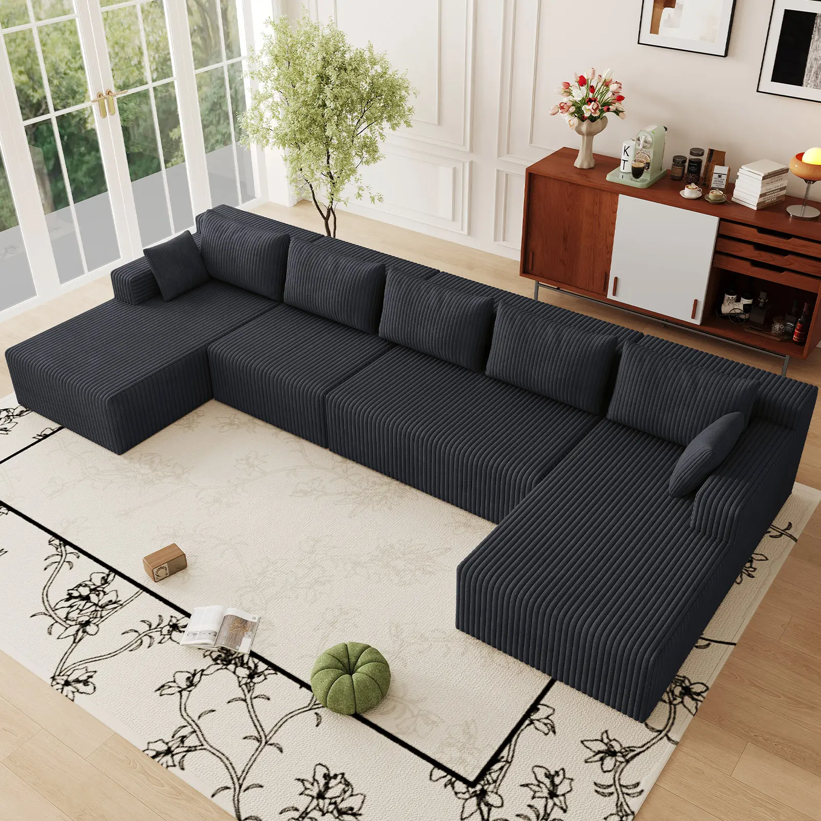 [3 Packages Shipping] 158" Plush Corduroy Cloud Velvet Modular Boneless Sofa Set, 3-Seater L/U-Shaped Sectional with Chaise & Ottoman, Pre-Assembled, 158x69.5x30" Dimensions