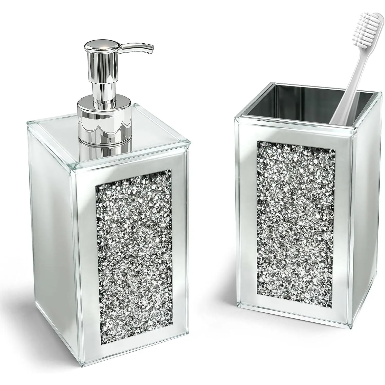 Bathroom Accessories Set, Square 2 Pack Silver Glass Soap Dispenser & Toothbrush Holder with Mirror Finish & Sparkling Diamond Accents, Modern Bathroom Countertop Decor