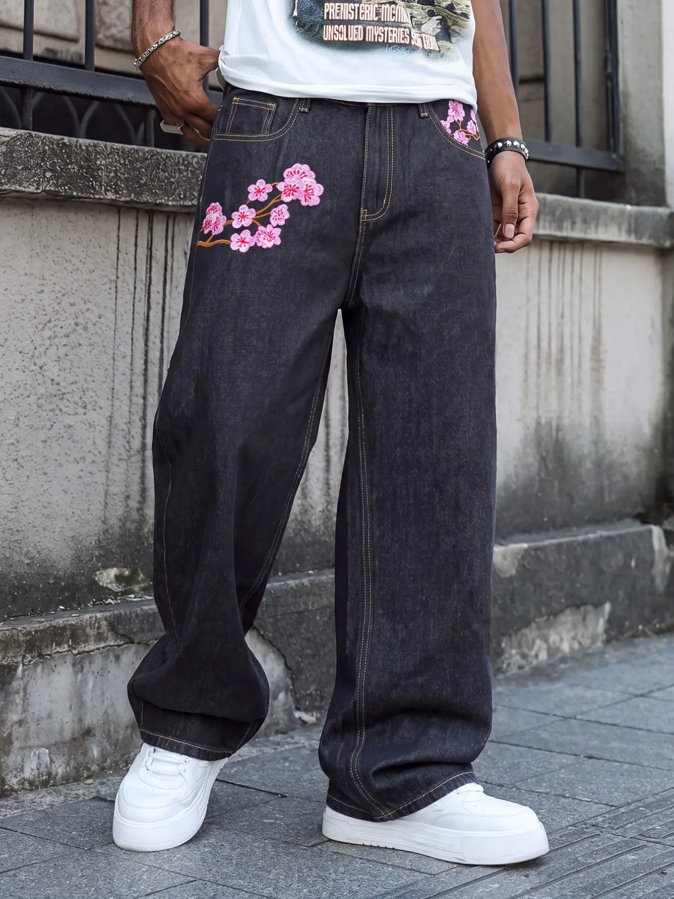 Men's Loose Jeans, Floral Embroidery Details, Y2K Style, Wide Leg Long Pants, Trendy Fashion for Men, Comfortable and Stylish