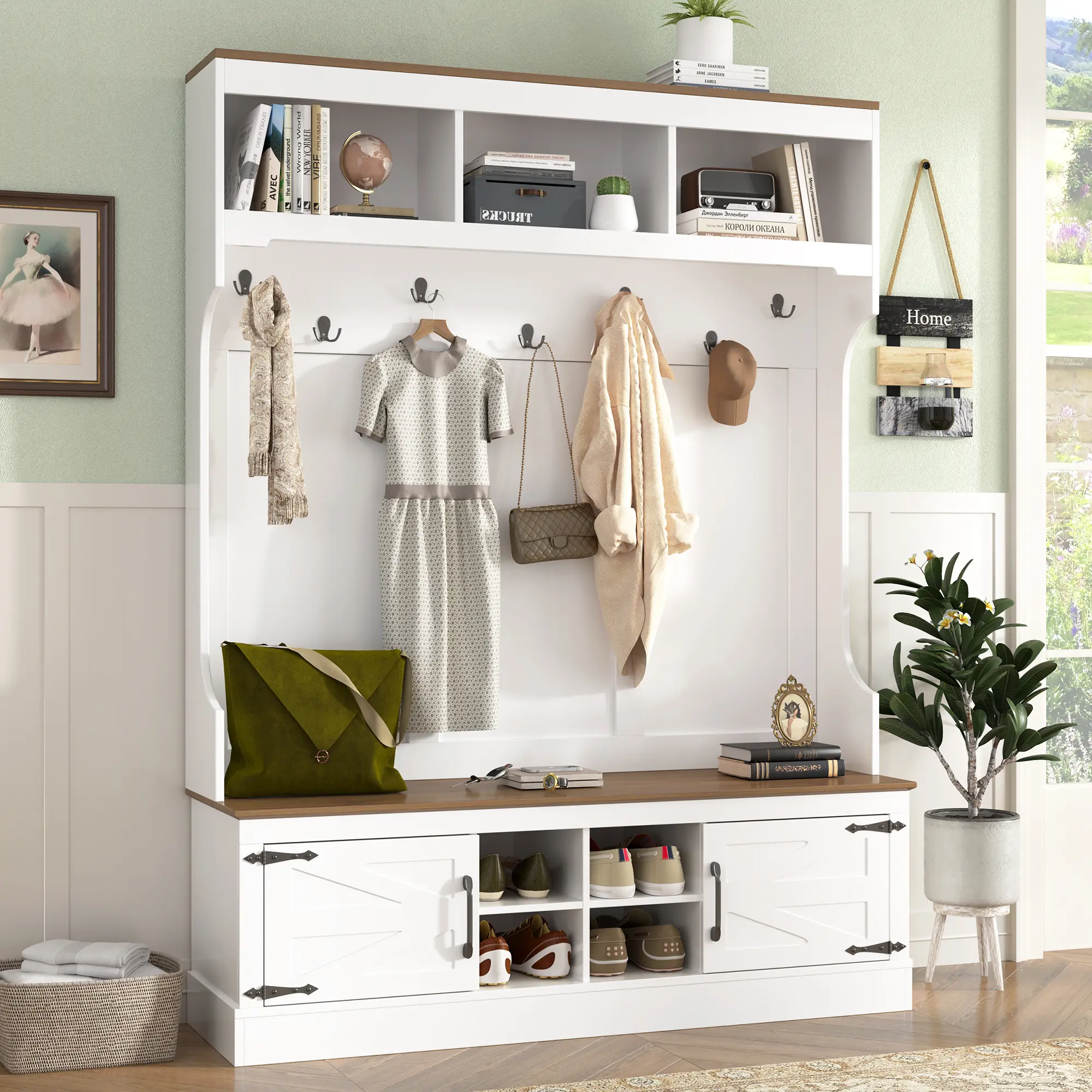 Nokaa 71"H Farmhouse Hall Tree with Bench and Shoe Storage, 5-in-1 Entryway Organizer Cabinet with Coat Rack, 4 Shoe Cubbies, 7 Hooks for Hallway, Mudroom, Living Room, Modern Farmhouse Design
