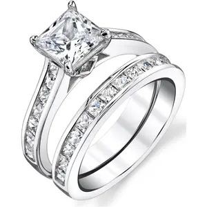 4.3 Carats Sterling Silver Cubic Zirconia Bridal Set Engagement Wedding Ring Bands Princess Cut